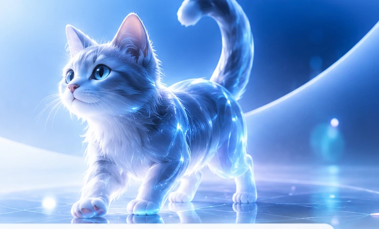 青白い光をまとった未来的な3D猫のビジュアル